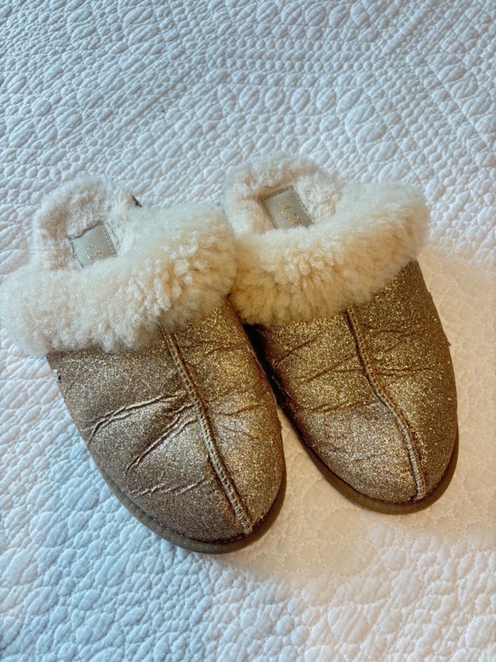 UGG Size 7 Glittery Gold Shearling-Lined Slippers